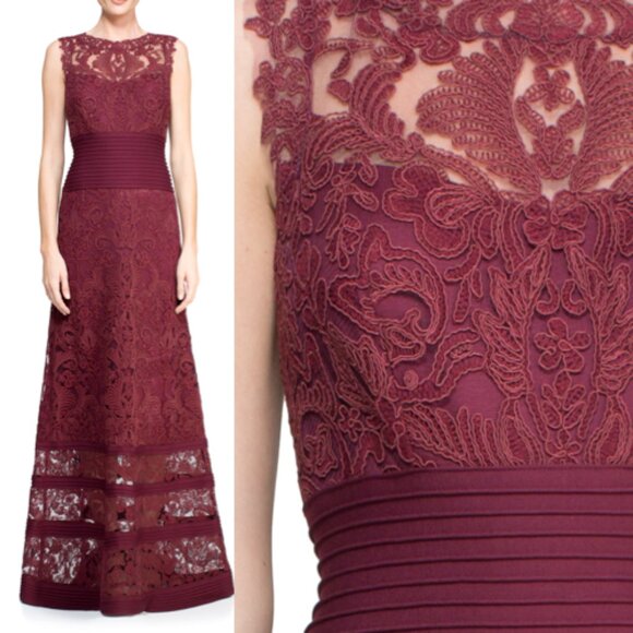 NWT Tadashi Shoji Ariana Lace Blouson Pintuck Gown Dress Auburn Red size 4 - Picture 1 of 3